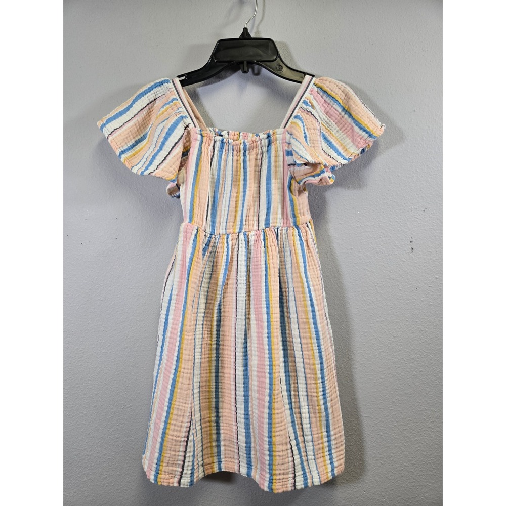 Roxy Striped Cotton Gauze Smocked Flutter Sleeve Beach Dress Size 7-8